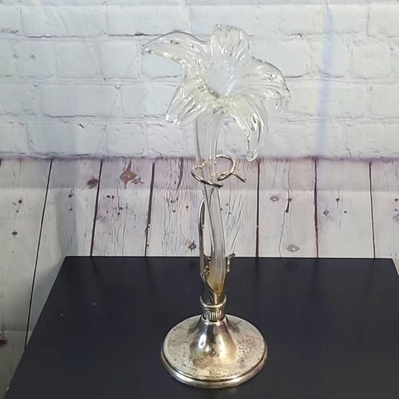 Vintage MCM Hand Blown Glass Art Nouveau Style Lily Orchid Vase Patina Silver - Picture 12 of 17